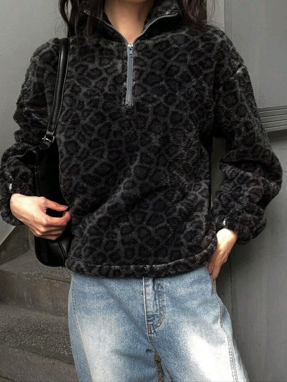 Casual Leopard Print Fleece Sweatshirt, Fall/Winter,Long Sleeve Tops